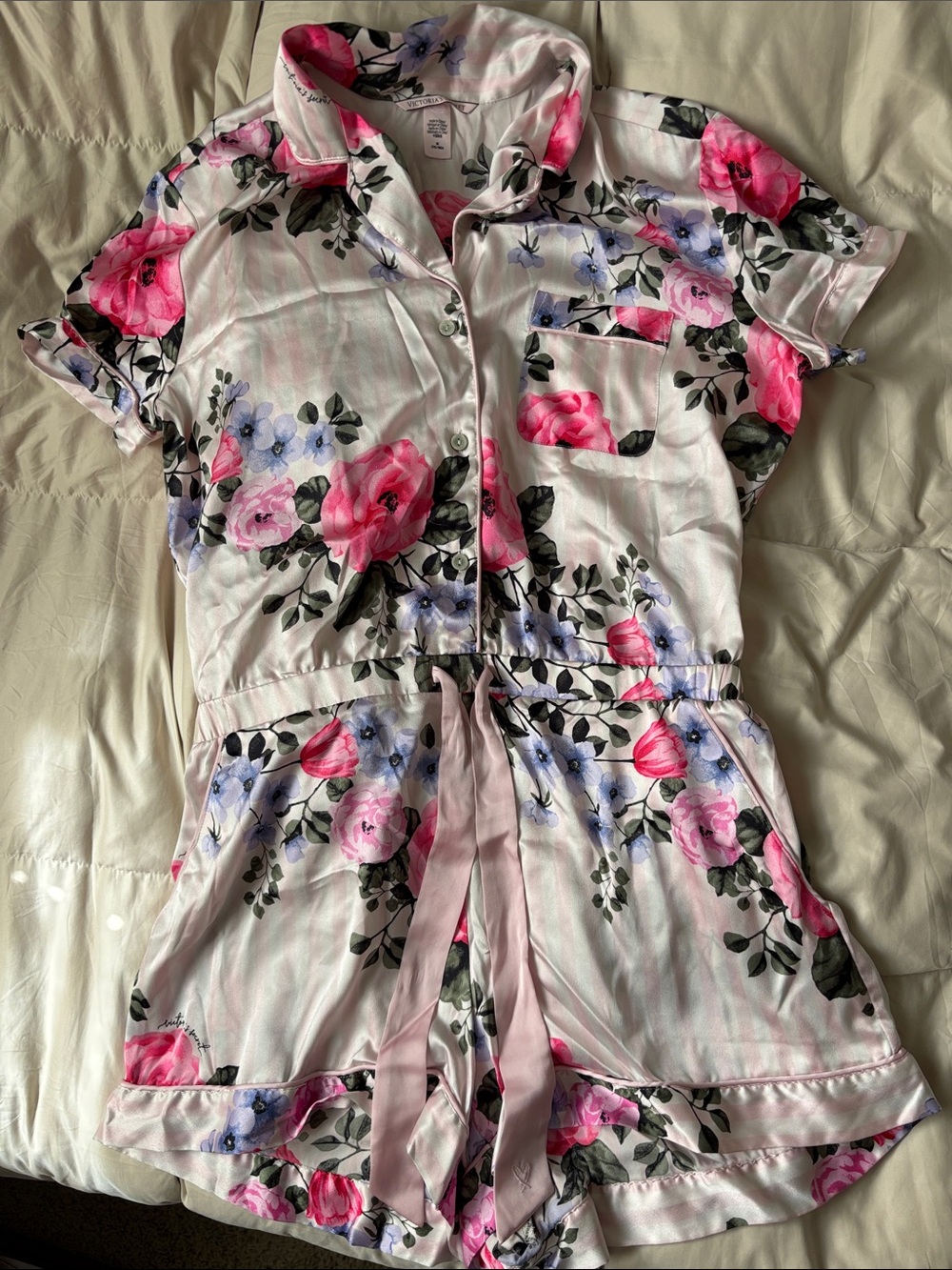 Victoria's Secret Floral Satin Romper - Pink Purple Blue White Medium
